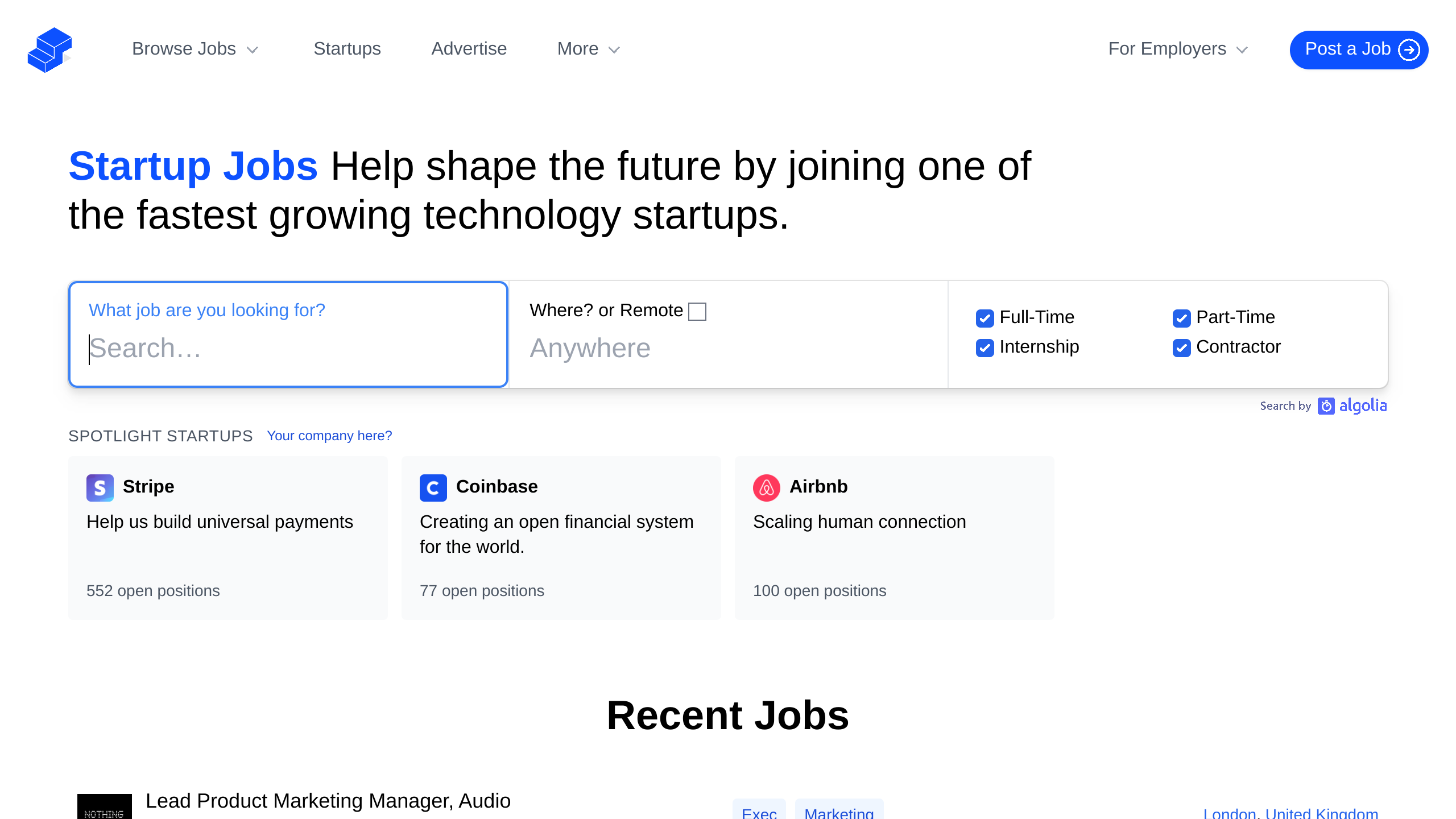 Startup Jobs's website screenshot